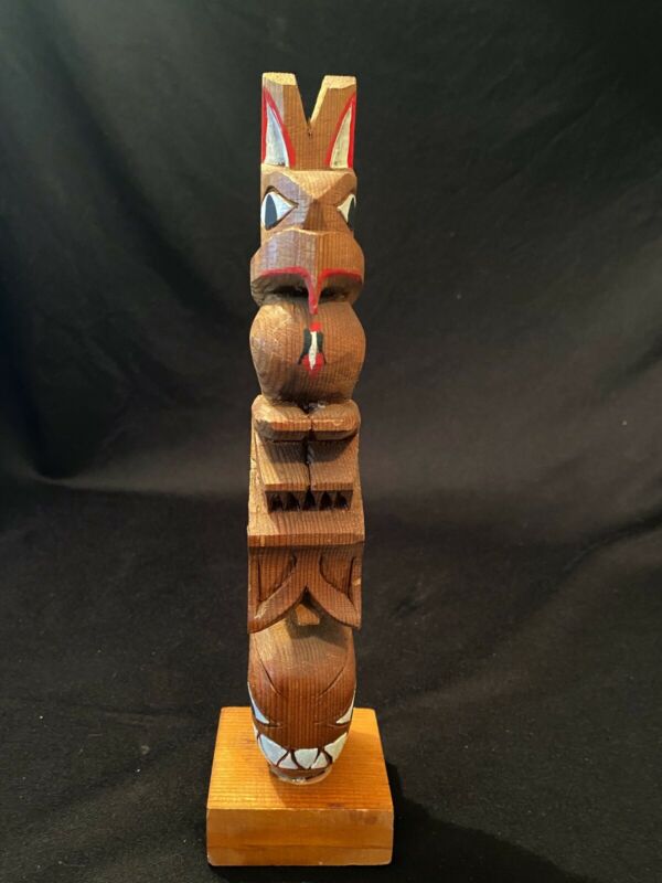 Vtg Pacific Northwest Wood Carved Painted Totem Souvenir Ferocious Bunny & Whale