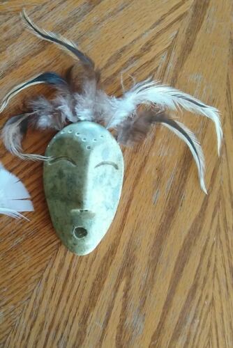 4" Alaskan Stone Carved Mask With Feathers. Signed Norman On The Back.
