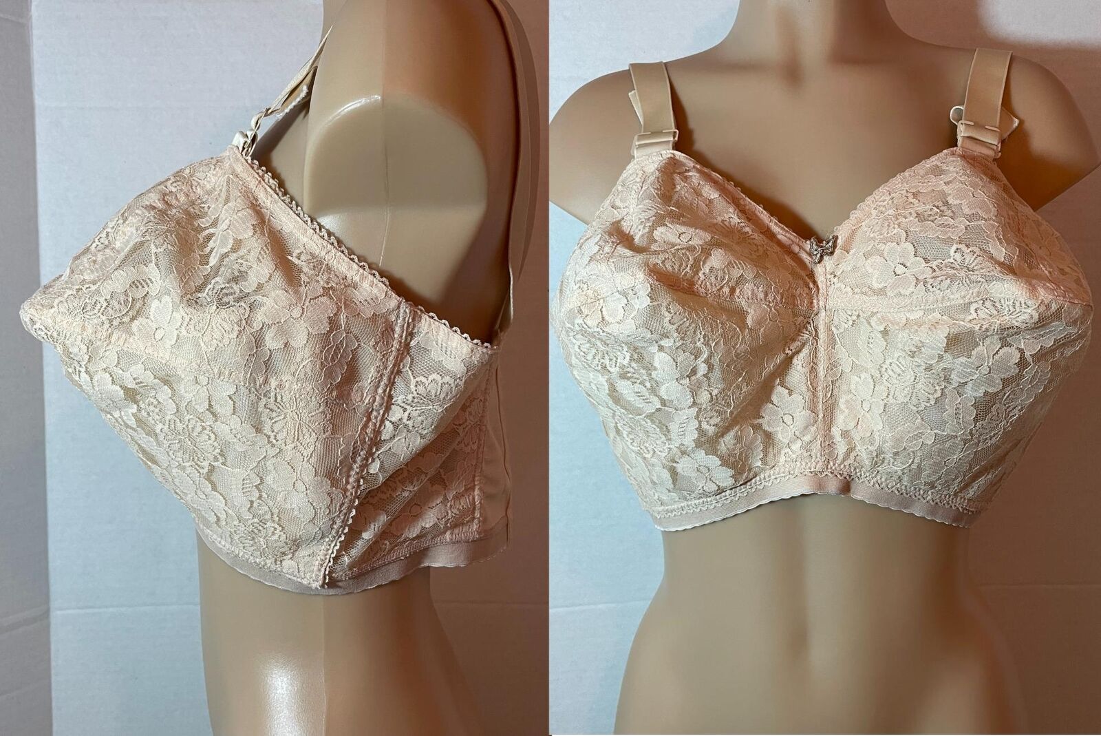 Vtg Lady Cameo BULLET Pointy Bra 34KK Wire-free Beige Floral Lace
